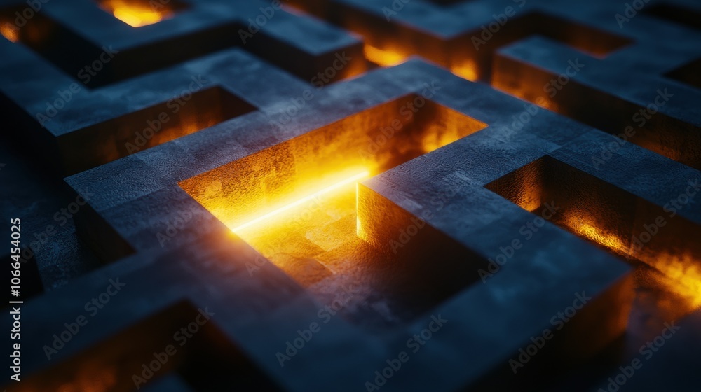 Poster glowing path in dark labyrinth maze structure