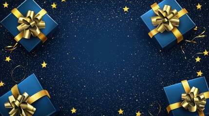 The image features four blue gift boxes with golden ribbons and bows placed on a dark starry background, creating a festive mood.