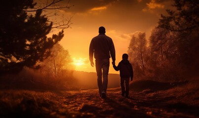 Father and Son Enjoy a Peaceful Evening Walk at Sunset