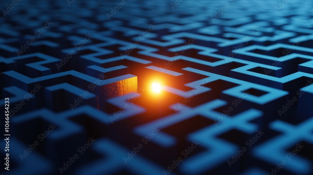 Poster intricate maze with glowing light source in darkness