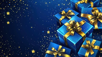 A dazzling arrangement of bright blue gift boxes adorned with gold ribbons, set against a starry night backdrop. Perfect for festive occasions.