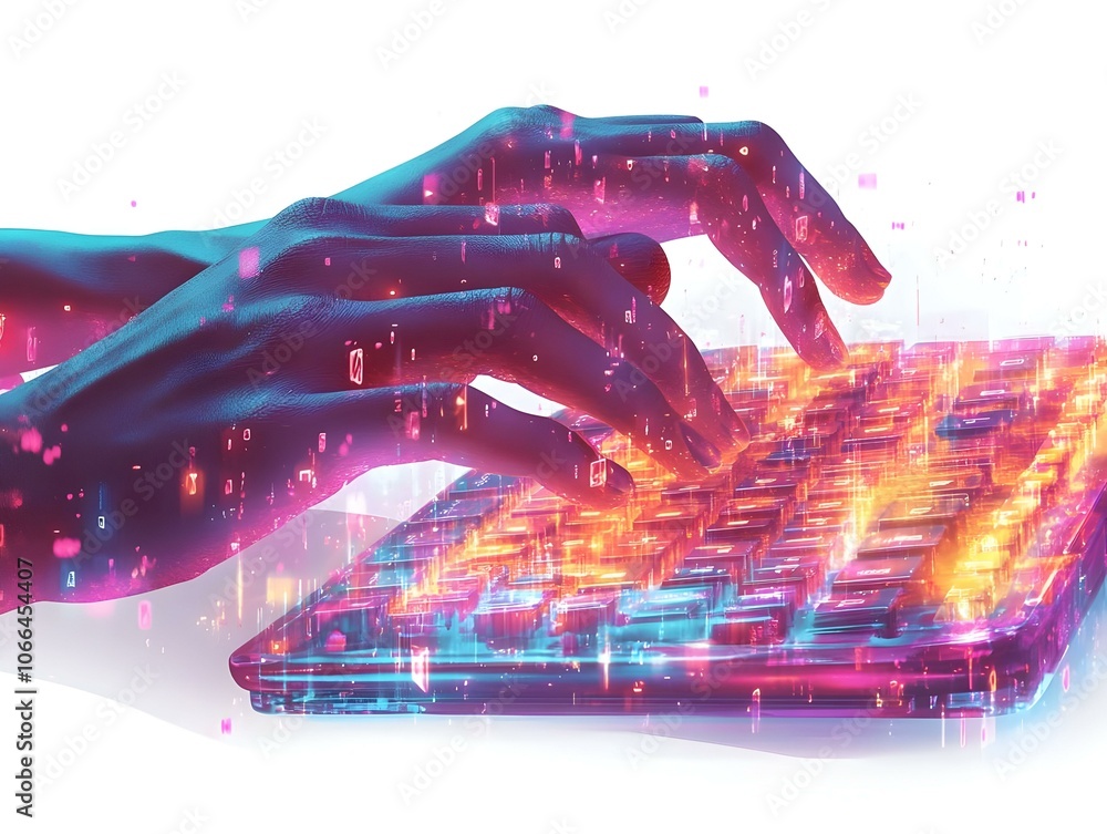 Poster futuristic holographic keyboard macro shot: close-up hands typing on illuminated keyboard, symbolizi
