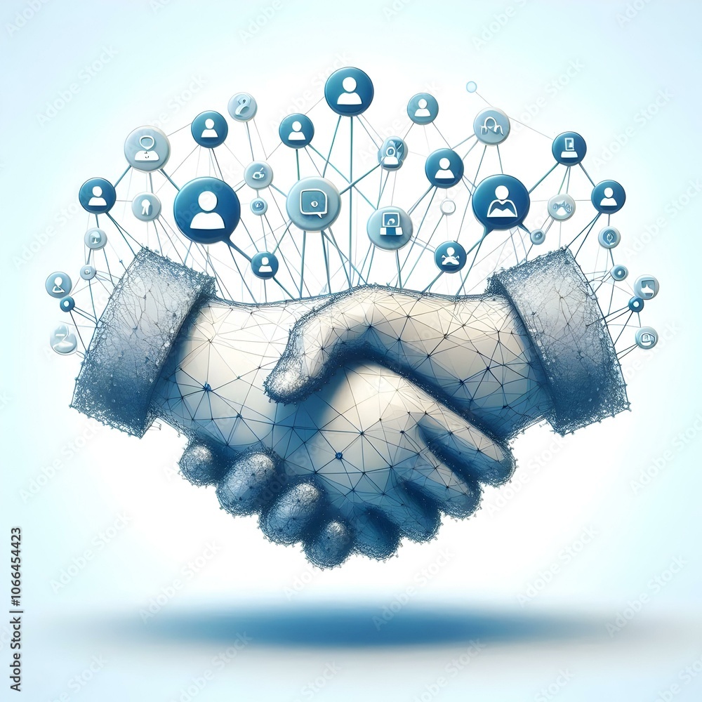 Poster 3d abstract network connections overlay business handshake symbolizing tech-strengthened partnership