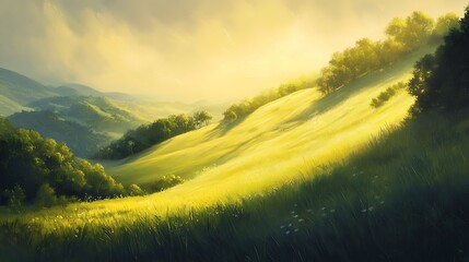 Naklejka premium A Rolling Green Hill Bathed in Warm Golden Sunlight