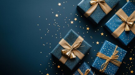 A collection of beautifully wrapped gifts in blue and gold, arranged on a dark table with scattered stars, perfect for festive occasions.