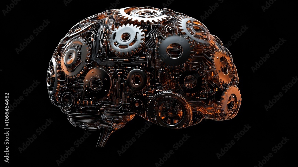 Poster futuristic brain with gears and circuitry design