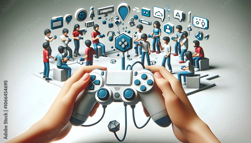 Poster 3d augmented reality gaming hands controllers social connection interaction friends background macro