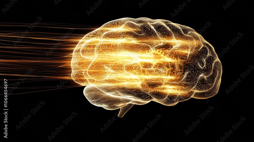Poster abstract brain with light trails in dark background