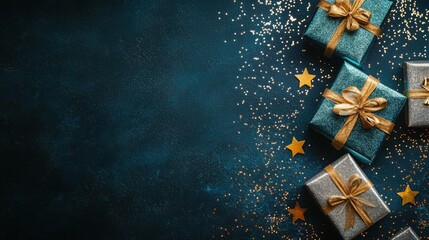 A captivating image of elegantly wrapped gift boxes in silver and blue with golden ribbons, set against a dark background with stars and glitter.