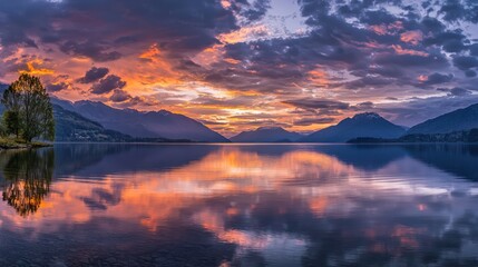 A breathtaking sunset scene with vibrant clouds painted in shades of orange, pink, and purple, reflecting on a calm lake and creating a serene atmosphere.