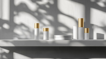 collection of cream cosmetic tubes in minimal, elegant setting, with soft light and shadows