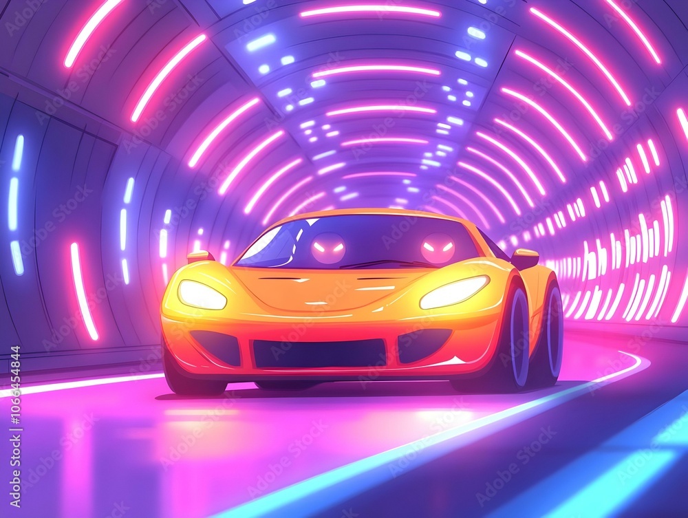 Poster flat close up of driver's smile illuminated by neon lights in futuristic tunnel - macro image captur