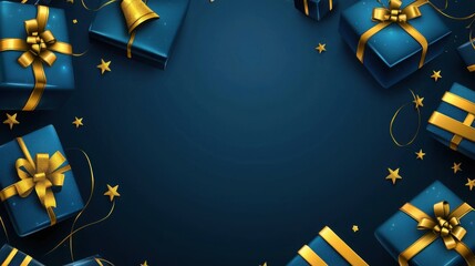 A beautiful collection of blue gift boxes adorned with gold ribbons and stars on a dark background, perfect for festive occasions or celebrations.