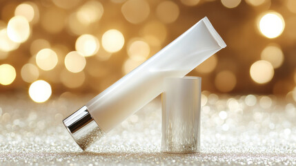 cream cosmetic blank tube with frosted glass design, against sparkling background
