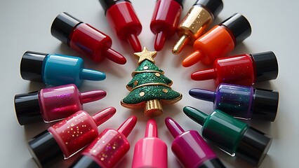 Nail polish Christmas tree, colorful nail polish bottles in a circle