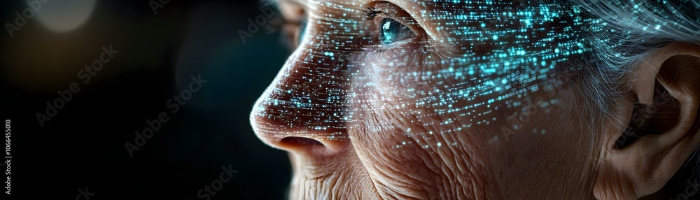 Poster close up elderly woman face virtual data streams macro image contemplative expression solitude wisdo