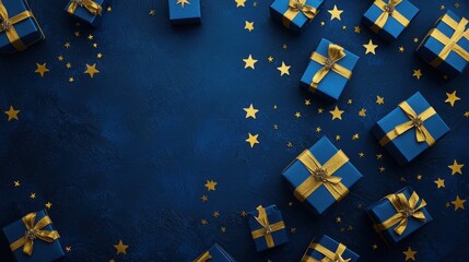 An array of beautifully wrapped blue gifts with gold ribbons against a dark blue night sky background adorned with gold stars. Perfect for holidays.