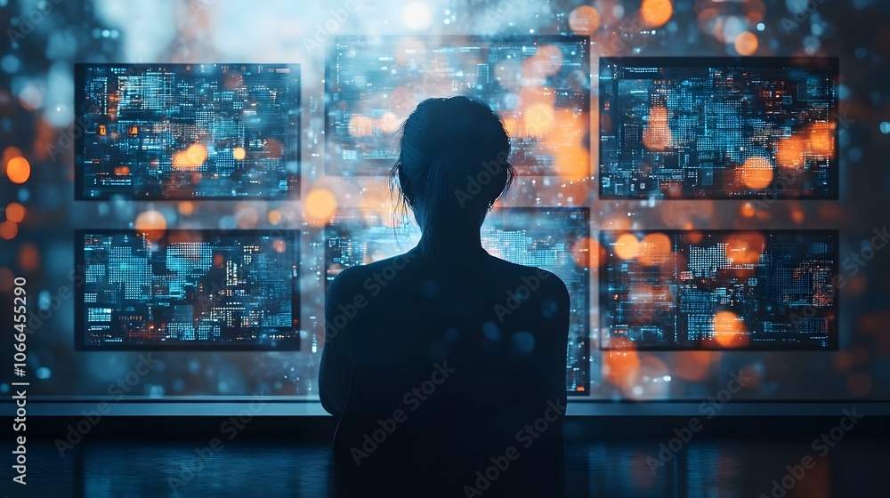 Poster 3d abstract digital art remote worker multiple digital screens soft bokeh background home office pro