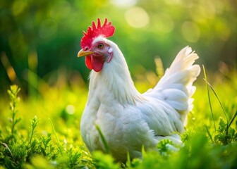 Fototapeta premium A White Chicken Grazing in a Lush Green Landscape, Captured Up Close, Showcasing its Feathers Against a Vibrant Green Background, Perfect for Nature and Wildlife Photography Enthusiasts