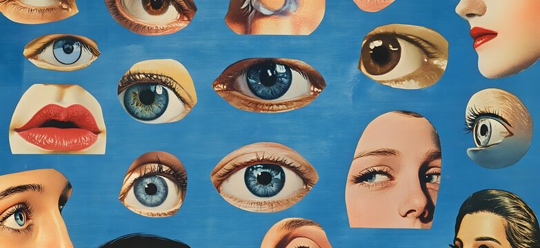collage of various eyes, mouths, and ears in black and white on a blue background