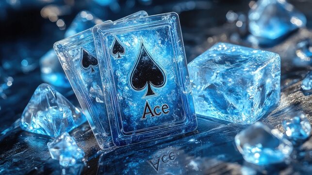 Two ace of spades playing cards are frozen in ice.
