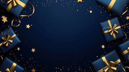 A beautifully arranged set of blue gift boxes with golden ribbons on a dark blue background. The scene is accentuated by scattered golden stars.