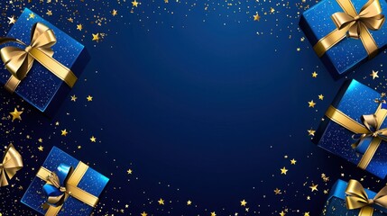 A vibrant arrangement of blue gift boxes with golden ribbons on a dark blue background, adorned with golden stars and glitter, creating a festive atmosphere.