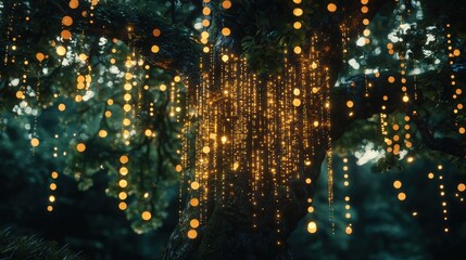 Enchanted Tree with Sparkling Lights in Forest Setting