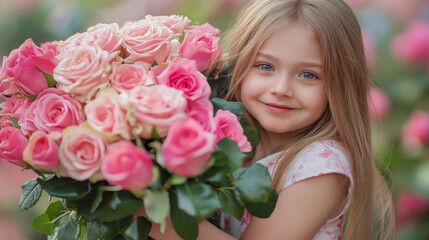 Naklejka premium Happy young girl holding a big bouquet of pink roses