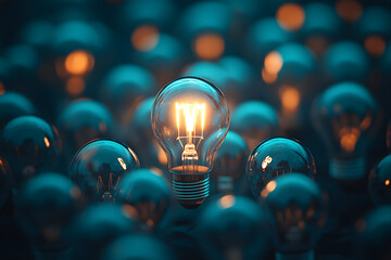 Glowing light bulb among unlit bulbs symbolizing creativity, innovation, and unique ideas that stand out, perfect for representing concepts of inspiration and originality