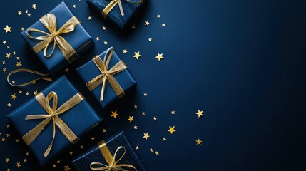 A collection of elegantly wrapped gift boxes in navy blue with gold ribbons, surrounded by golden stars on a dark background, creating a festive appearance.