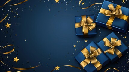 A beautifully arranged collection of blue gift boxes adorned with golden ribbons and bows against a dark blue background, creating a festive atmosphere.