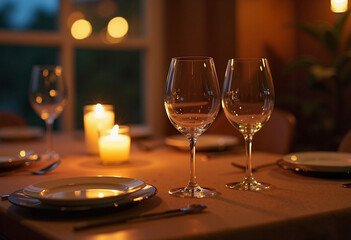 Romantic candlelit dinner setting with wine glasses and soft amber glow in an intimate restaurant