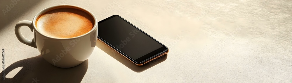 Poster glossy coffee cup and smartphone on plain table for remote work concept with ample copy space, showc