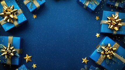 The image showcases beautifully wrapped blue gifts with gold ribbons and bows, surrounded by stars on a blue background, perfect for the festive season.