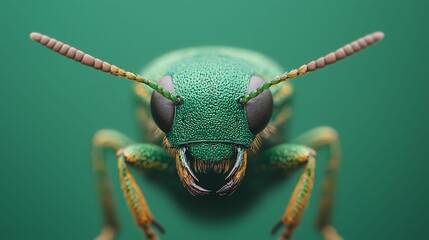Fototapeta premium A vivid close-up of a green insect, showcasing its textured body and prominent features against a green background.