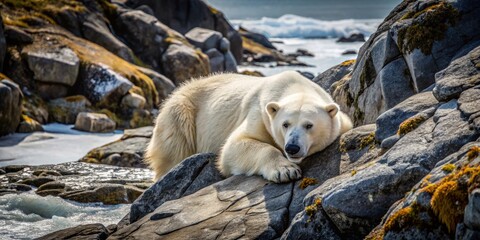 Fototapeta premium Aerial View of a Resting Polar Bear on Rocky Terrain Captured in Stunning Architectural Photography, Showcasing Nature's Beauty and the Unique Textures of the Arctic Environment