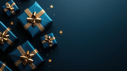 The image showcases elegantly wrapped gifts in rich blue and gold hues, set against a dark background with scattered stars, ideal for celebrations.