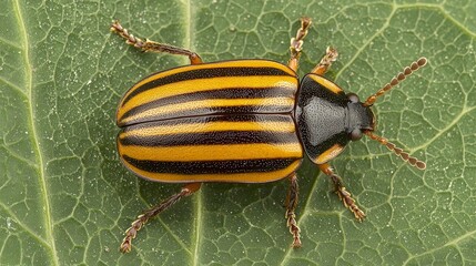 Fototapeta premium A striped beetle perched on a green leaf, showcasing vibrant yellow and black colors, highlighting its distinct features and texture.