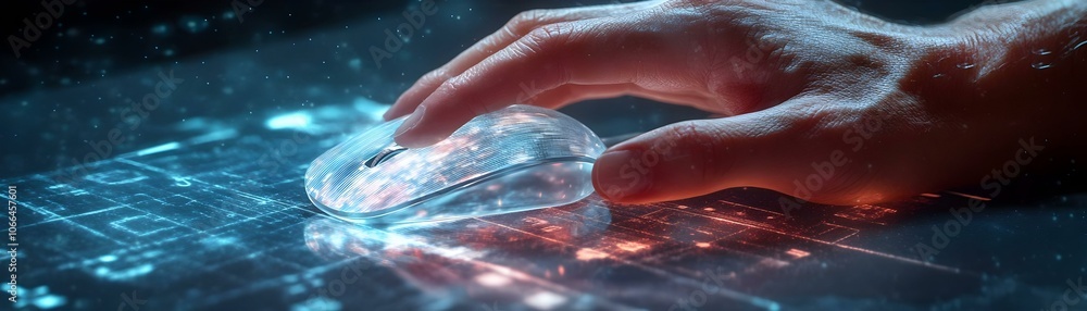 Poster close up transparent mouse holographic desk hand macro shot remote working advanced technology fusio