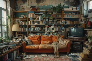 Fototapeta premium Clluttered living room with a sofa, TV is filled with books