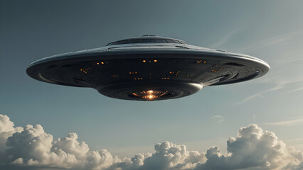 Obraz premium UFO Flying Saucer in Midair, Sci-Fi Spaceship Illustration Isolated on White Background 