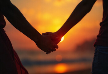 A romantic sunset embrace as two lovers hold hands by the tranquil beach at dusk, igniting their love story