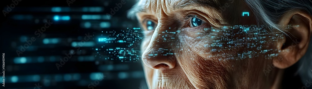 Poster close up elderly woman's face virtual data streams | macro image contemplative expression solitude w