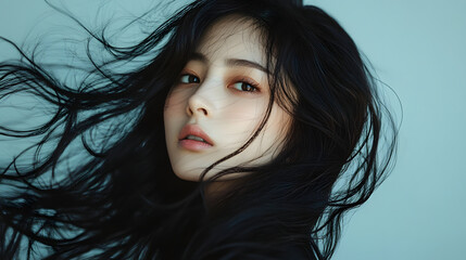 風になびく美しい20代の日本人女性のポートレート。魅惑的な視線と幻想的な髪の動き