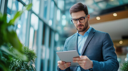 Shot of a young man using his digital tablet and computer in a modern office