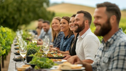 Group of friends enjoying a vibrant meal in a scenic vineyard setting, surrounded by nature and good company.