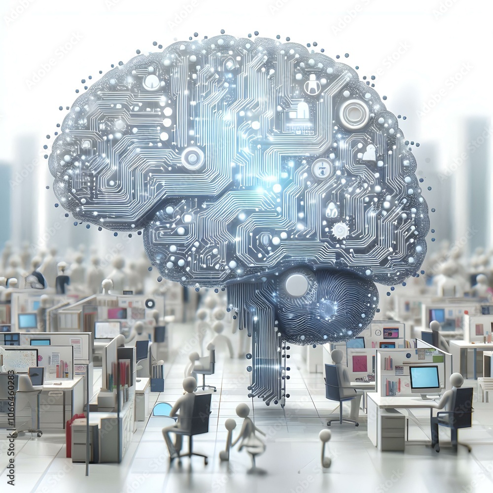 Poster 3d digital brain overlay busy office environment ai intelligence infusion everyday business tasks am