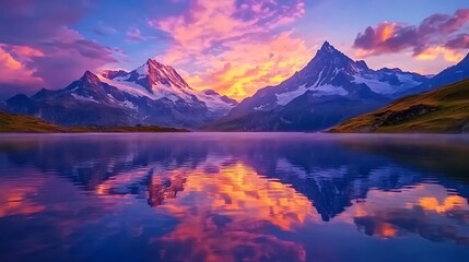 Obraz premium Mountain Range Reflected in Still Lake Water at Sunset