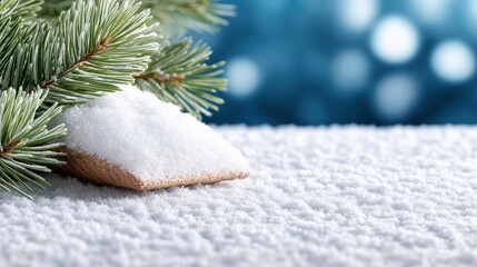 Snow-covered pine branch with a gift on a wintry background, AI